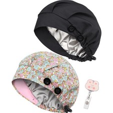 2 Pack Satin Lined Bouffant Scrub Caps with Buttons, Adjustable Scrub Caps fo...