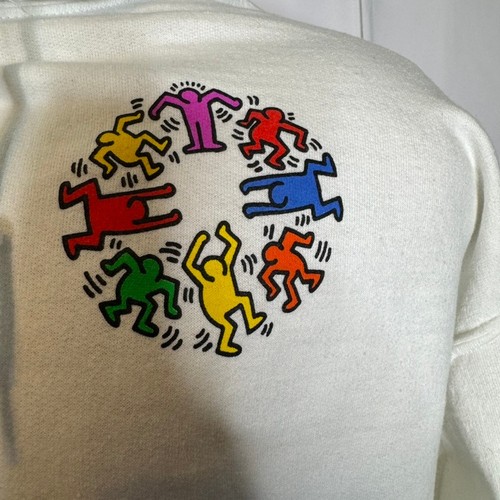 Keith Haring weißer Hoodie tanzende Figuren Grafik Pullover Kunst Sweatshirt Large - Bild 6 von 10