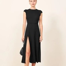 Reformation Open Back Gavin Dress Black Midi Slit Cut Out Cap Sleeve 12 L