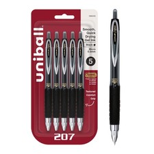 Uni-Ball Black Retractable Gel Pens 5 Pack, 207 Signo Click With Fine Points ...