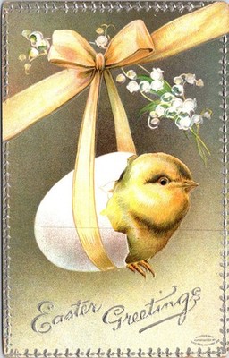 Easter Postcard Hatching Egg Chick Suspended Yellow Ribbon c1910