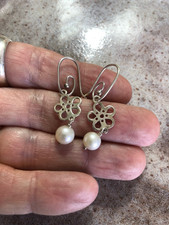 PANDORA Sterling Silver 925 White Pearl Flower Compose Earrings + Hooks?? 290617