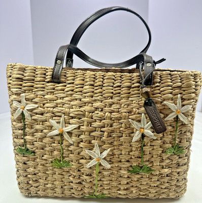 VTG ESPRIT DE CORP. Lined Basket Bag Rafia Floral Embroidered EUC 10x12 Daisy
