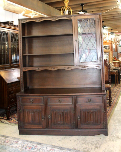 English Antique Oak Bookcase Display Cabinet | Leaded Glass Large Hutch