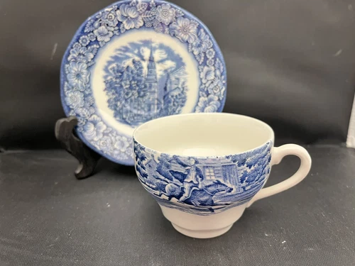 Staffordshire Ironstone Liberty Blue Cup/Saucer Set(s) Paul Revere Old North Chu
