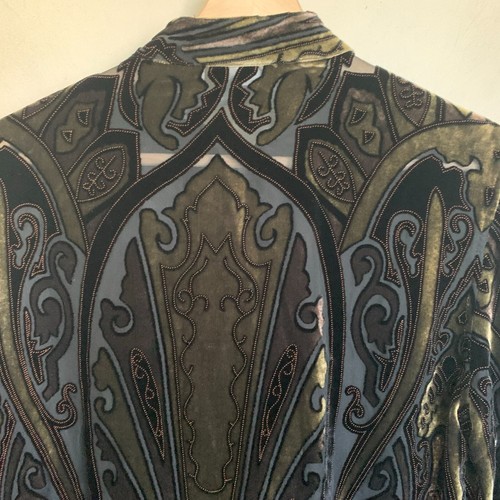 Chico’s Chinese Jacket Black Velour Green Sheer Abstract Frog Buttons Sz 1 (S/8) - Picture 5 of 9