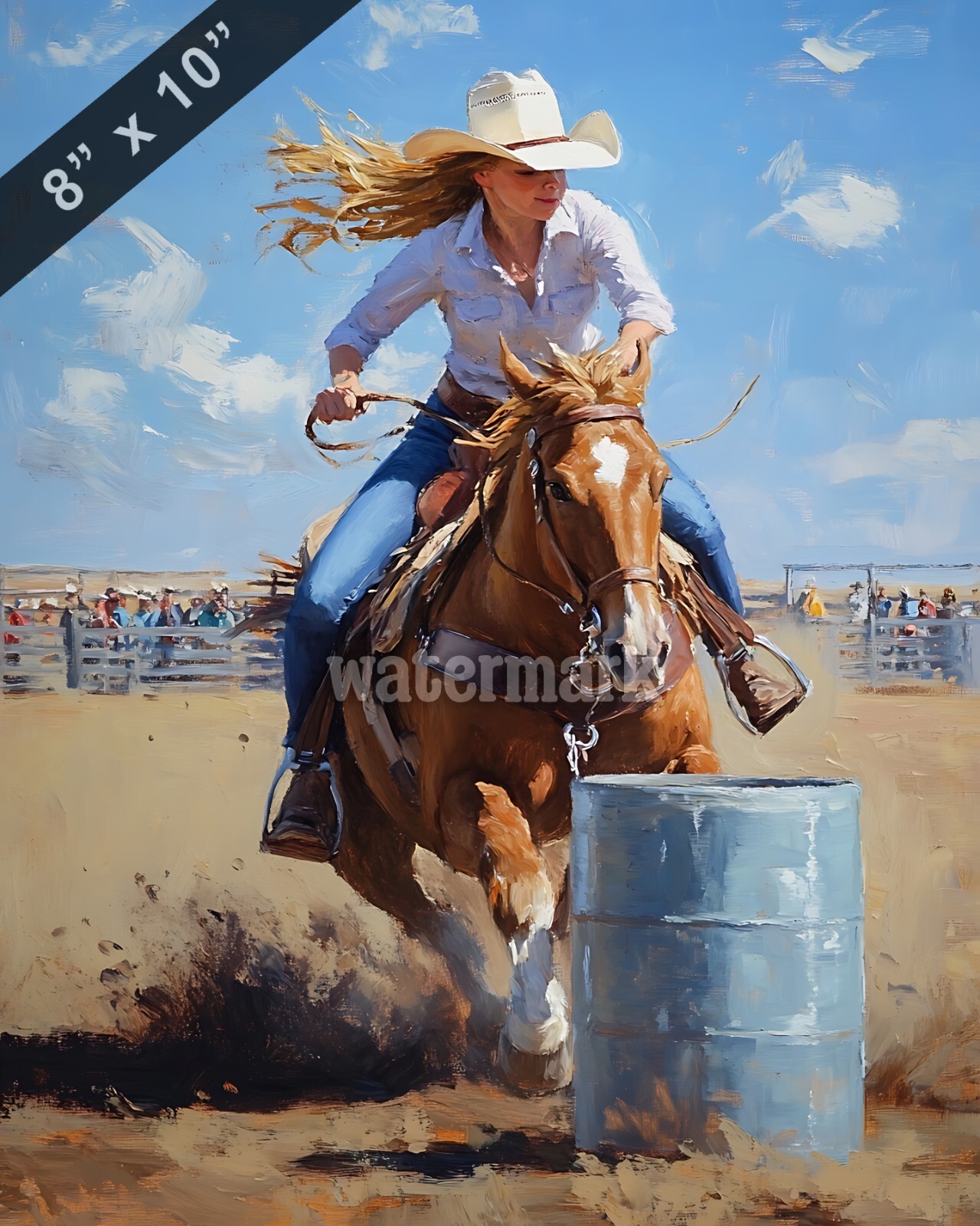 Cowgirl practicing barrel racing at a rodeo oil Painting 8x10 Print | eBay