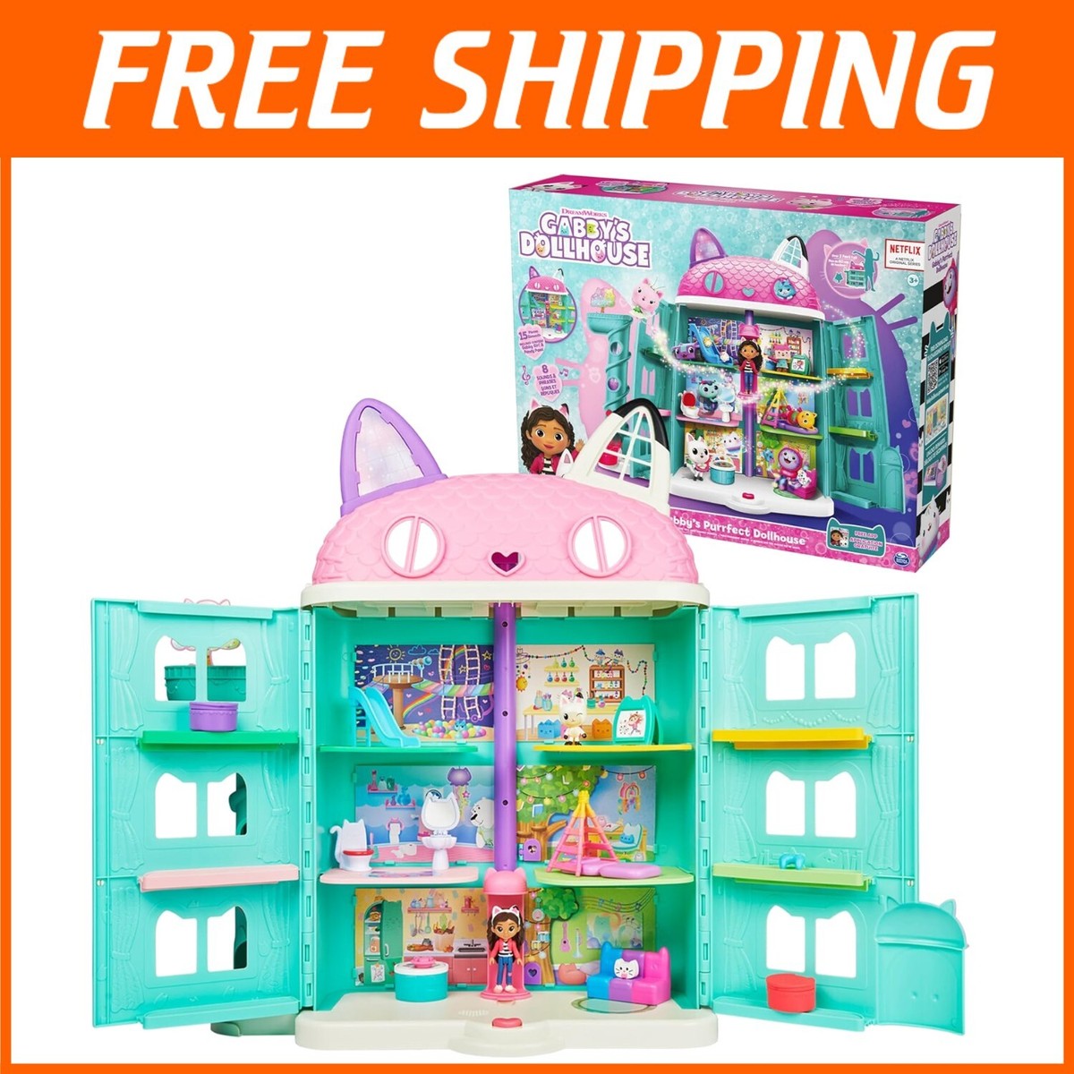 Interactive Gabby's Dollhouse with Elevator, 15 Pieces and Sounds