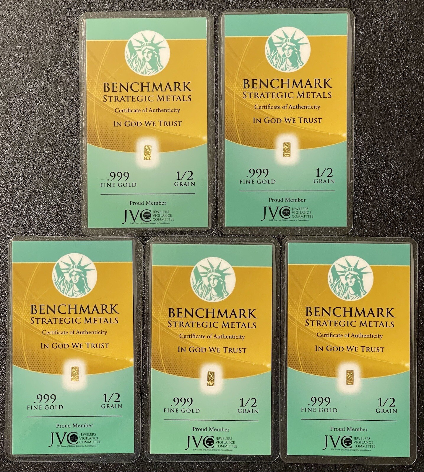 5 x Benchmark Gold Bar Bullion Pure 24K 1/2 Grain (1/30 Gram) Gold Bars