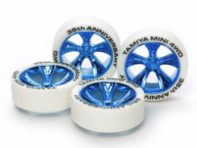 Tamiya MINI 4WD 35th ANNIVERSARY WHITE TIRES & BLUE PLATED A-SPOKE WHEELS 95099