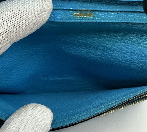 HERMÈS Bearn Souffle Epsom Leather Black/light blue Bifold Long Wallet GoldMetal - Picture 22 of 22