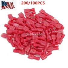 200PCS AWG 22-16 Nylon Insulated Spade Connector Wire Crimp Red Female Terminals