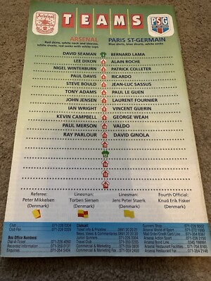 Ticket De Match Vintage - PSG Vs ARSENAL - Coupe D'Europe C2 - Saison 1993/94