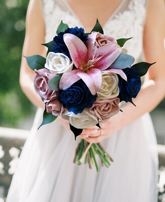 Pink Stargazer Lily Bridal Bouquet Navy Blue Sola Wood Cascade Bridesmaid  Flower | eBay