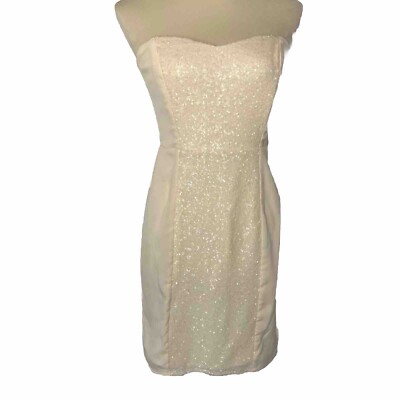 MM Couture Miss Me Dress Small Cream Strapless Ruched Sequins Graduation
