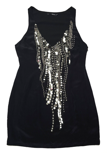 Size 12 Seduce Black Silk Dress V Neck Silver Beading Embellishment Sleeveless - Picture 2 of 19