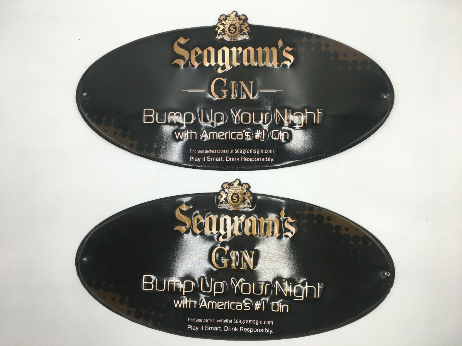 (Super Rare!) Two 2012 Seagram's Gin Bump Up Your Night Tin Signs!