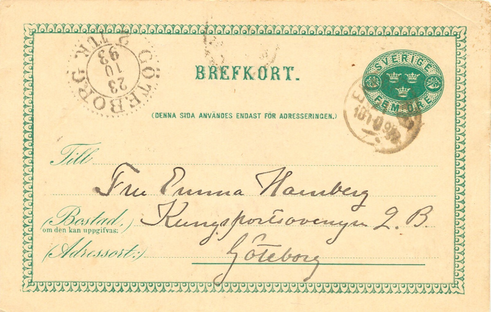 SWEDEN 1893, "ENKÖPING" K1 and K2 "GOTHENBURG 2 TUR." a. 5 (FEM) Ore Green GA