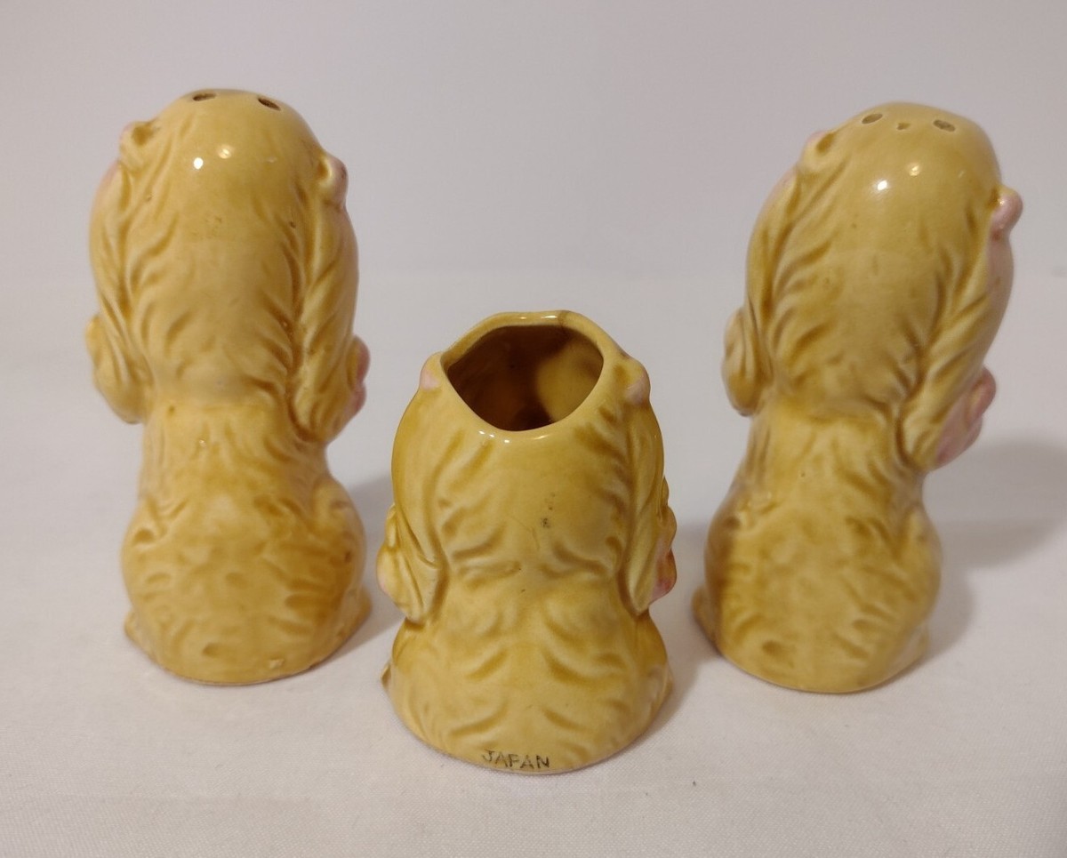 Dog Salt And Pepper Toothpick Holder Set Vintage Yellow Made in