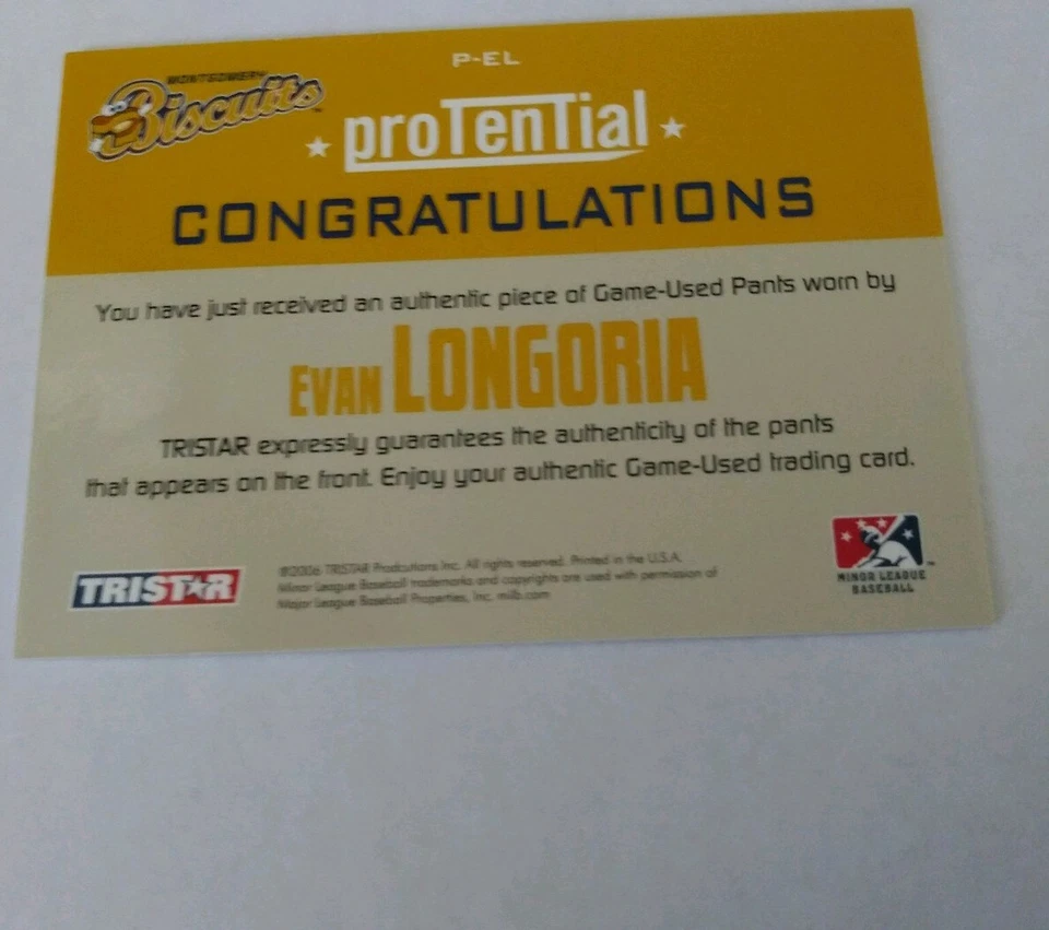 2006 Evan Longoria Tristar Prospects Plus Potential Game Used Pants Card - Image 2 of 2