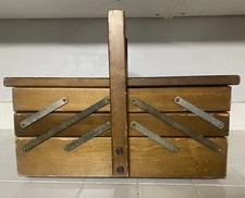 Vintage Wooden Sewing Box Expandable Accordion Tiered Storage Box