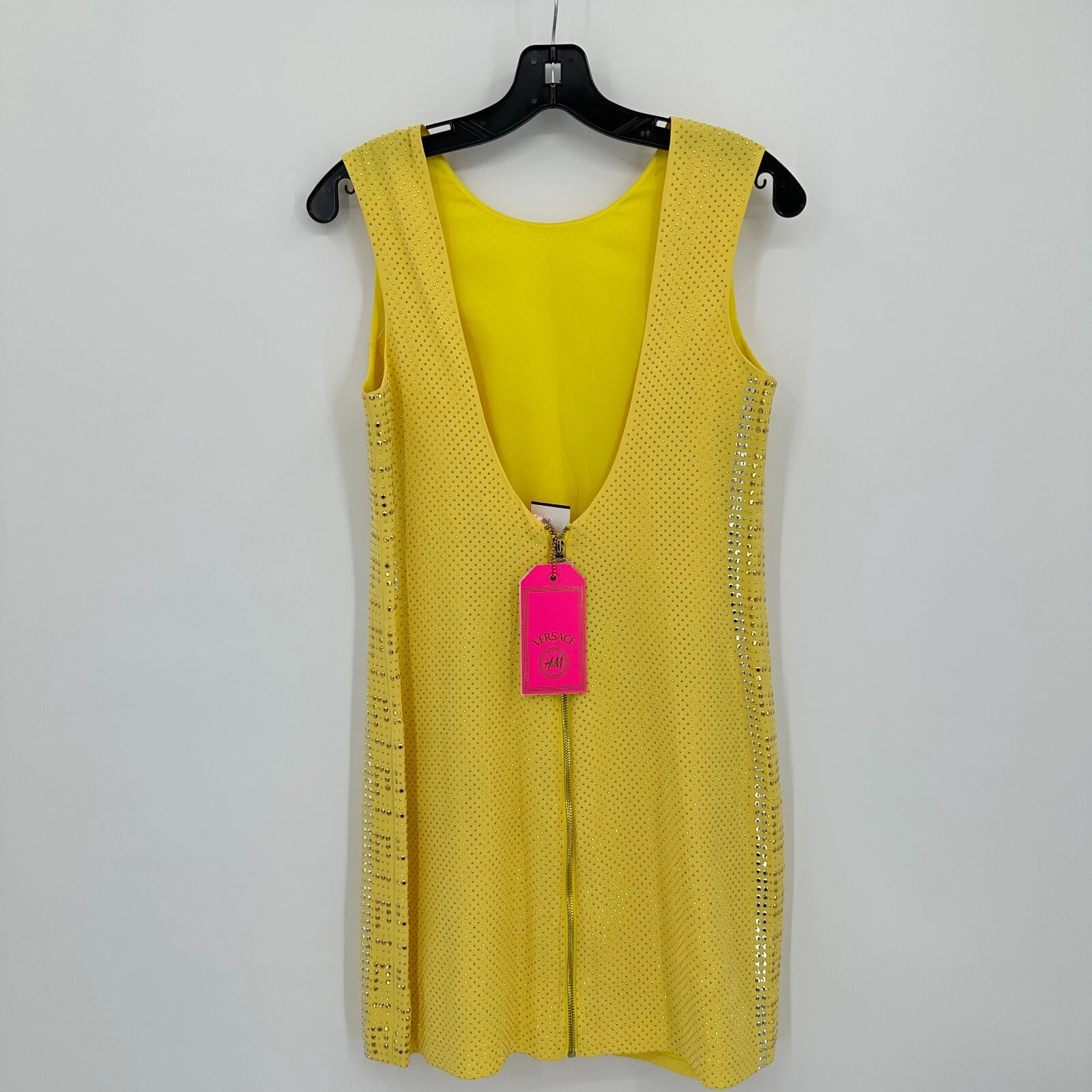 Versace H&M Mini Abito Donna 8 Seta Borchie Giallo Tubino Senza Schienale Zip Nuovo con etichette