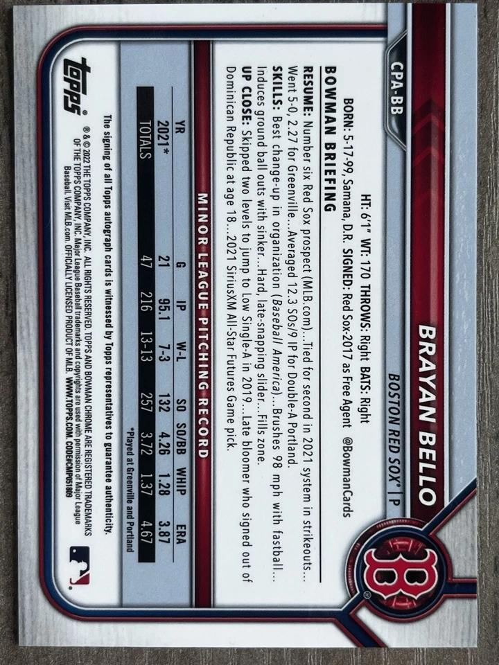 2022 Bowman Chrome Brayan Bello 1st Speckle Refractor Auto #261/299 Red Sox - Image 2 of 2