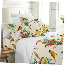 Floral Sheets Full Flower Birds Bed Sheets Botanical Branches Queen Cream