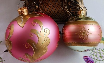(2) POLAND Glass Ornaments w/Gold Glitter Accents X~Large & Medium ~ STUNNING!!!