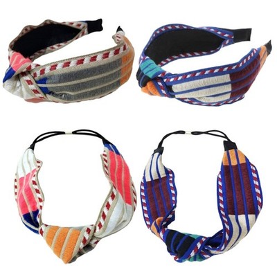 Women Color Block Striped Headband Chunky Twist Knot Knitted Stretch Hair Hoop