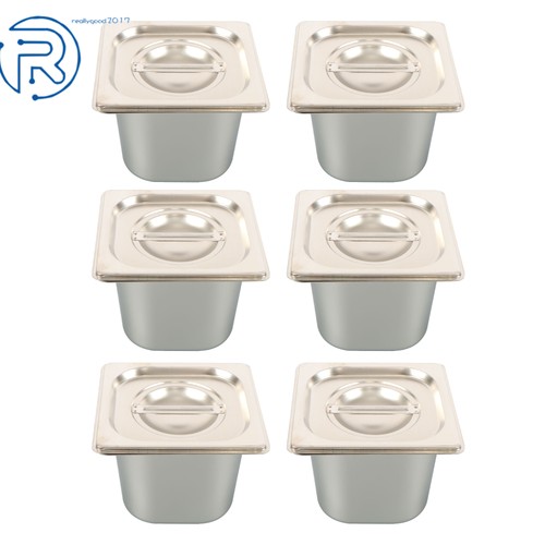 6Pcs Hotel Pans 1/6 Size 6" Deep With Lid Stainless Steel with Non-Stick Coating - Picture 2 of 15