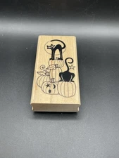 Northwoods Wood Mounted Rubber Stamp Cats Pumpkins Jack O’Lantern