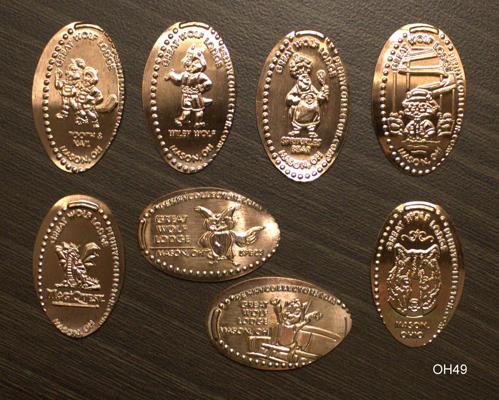 OH49 - 8 elongated pennies Great Wolf Lodge, Mason Ohio