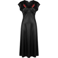 Delicates Nightgown Black Satin Chiffon Floral Embroidered Maxi Long Medium