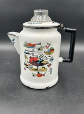 Vintage Georges Briard Style MCM Enamelware Turkey Fixings Percolator Coffee Pot