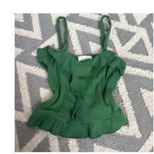 Women s Green Solid Ribbed Knit Cotton Ruffle Trim Spaghetti Strap Camisole S
