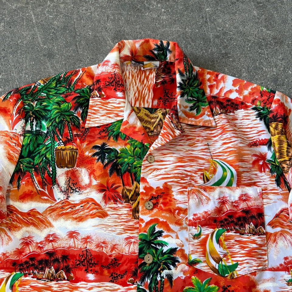 Camisa Hawaiana Kennington De Colección Para Hombres L Naranja Rojo Verde Palm Beach Vacaciones Foto 2 de 4