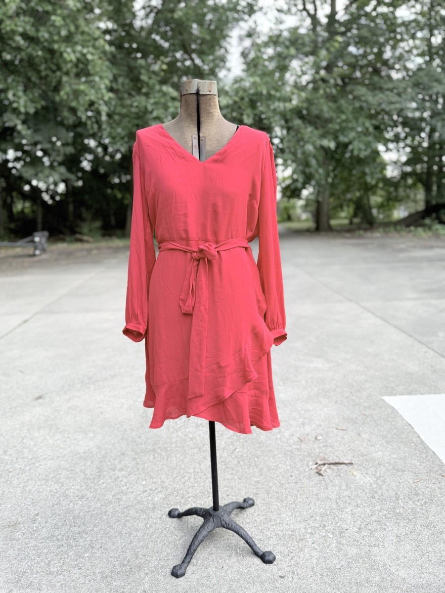 LOFT Red Midi Dress Size 12 v-neck wrap flounce sleeve ruffle hem cutesy  NWT | eBay