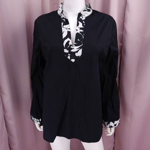 Jones New York Stretch Women's Black Floral Cotton Long Sleeve Blouse Top Large - Picture 1 of 7