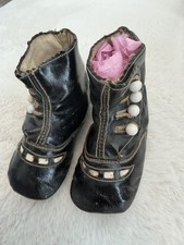 Antique Pair, Victorian, Leather Baby Boot, Shoes, Button Up, White Insets  
