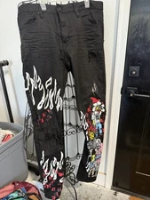 Smoke Rise Distressed Graffiti Jeans Hand Crafted Painted Black Mens 34 x 34
