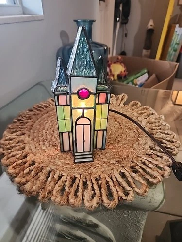 Vintage Stained Glass Church Chapel Lamp, 9.5" Tall