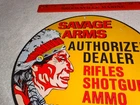 VINTAGE SAVAGE ARMS AUTHORIZED DEALER RIFLES SHOTGUN AMMO 11 3/4" PORCELAIN SIGN