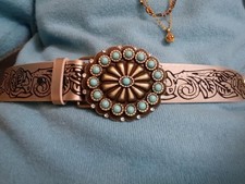 WOMEN WESTERN GOLDEN LEATHER BELT TURQUOISE Size M/L belt length is 45 in NEW