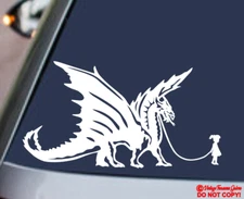 GIRL WALKING A PET DRAGON Vinyl Decal Sticker Car Truck Window Wall Bumper FUNNY