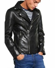 Blouson en cuir noir motard pour homme coupe slim moto vintage café racer man...