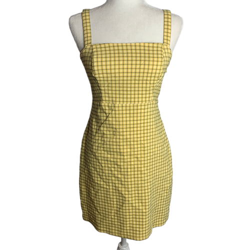 Hollister Structured Split Front Mini Dress S Yellow Checkered Adjustable Straps - Picture 2 of 6