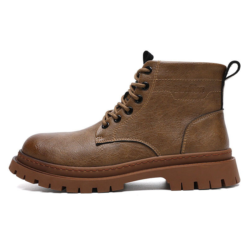 Men's Tactical Leather Combat Boots with Lace-Up and Zipper Ankle Support-image