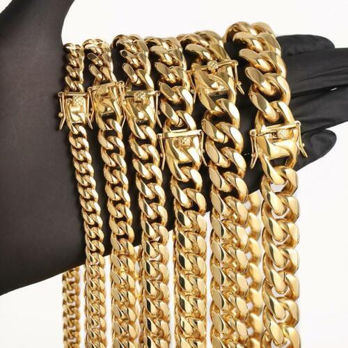 Men's Miami Cuban Link Chain 18k Gold Plated Stainless Steel 14mm 30'' Necklace - Picture 4 of 10