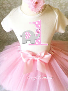 Grey Pink Elephant Cute Baby Girl 1st First Birthday Tutu Outfit